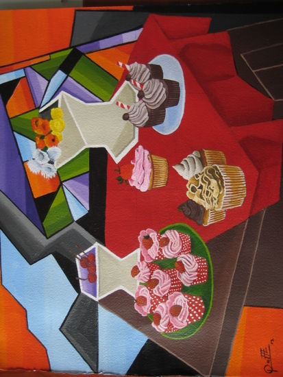 STRAWBERRY CUP CAKES Acrylic Paper Still Life Paintings