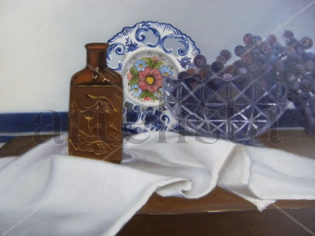 BOTELLA CON UVAS Oil Canvas Still Life Paintings