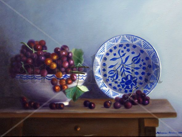 UVAS CON PLATO Oil Canvas Still Life Paintings