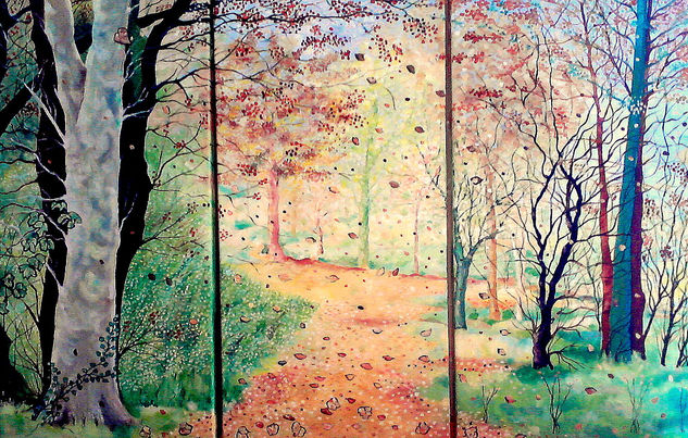 Paisaje de otoño Tríptico Óleo Tela Paisaje