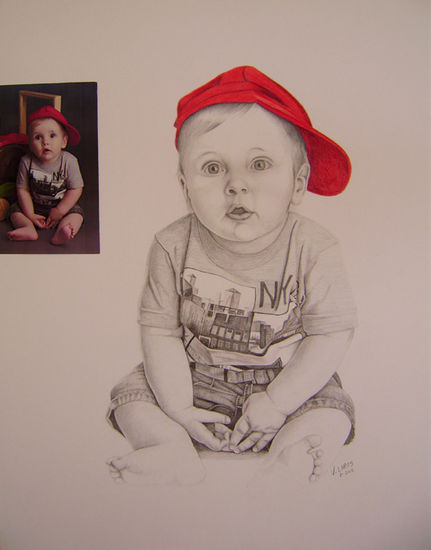 Niño con gorra roja Pencil (coloured) Paper Portrait