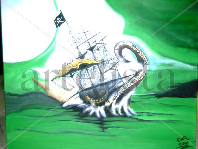 barco pirata en verde Acrylic Canvas Marine Painting