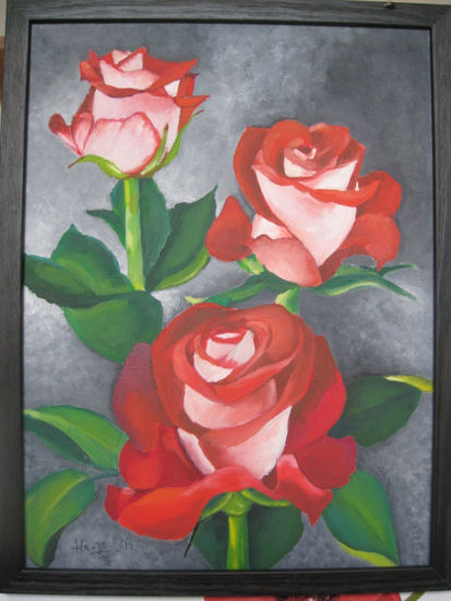 Tres rosas rojas Oil Canvas Floral Painting