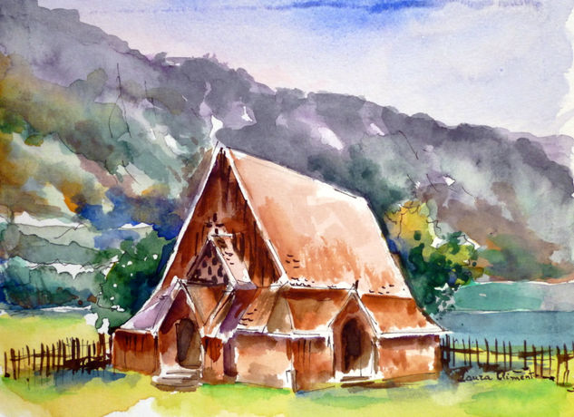 "Noruega. Iglesia de madera" Watercolour Paper Landscaping