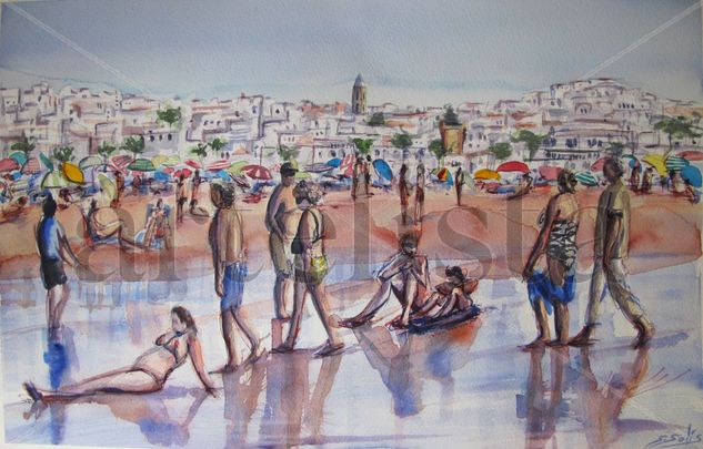 Bañistas en la playa de Los Bateles (Conil) Watercolour Paper Landscaping