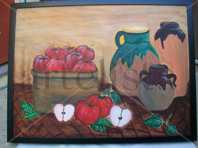 Manzanas y Jarrones 18x24in Acrílico Lienzo Bodegones