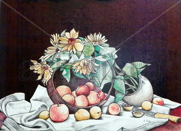 canasta con flores y frutas Grafito