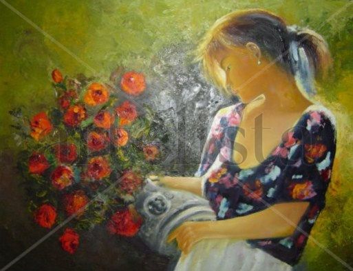 NURIA Y SU FLORERO Oil Canvas Figure Painting