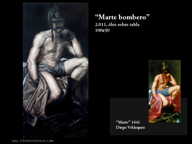 Marte Bombero Oil Panel Figure Painting