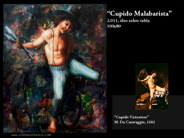 Cupido Malabarista Oil Panel Figure Painting