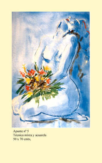 DESNUDO CON FLORES Watercolour Paper Nude Paintings