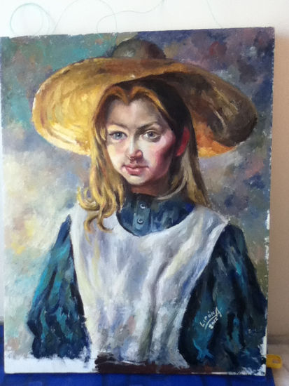 niña con sombrero de paja Óleo Lienzo Retrato