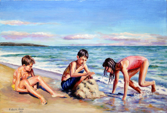 Niños en la playa Oil Panel Figure Painting