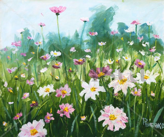 Flower meadow delicate flowers. Artist Rybakow. Painting for sale. Óleo Lienzo Floral