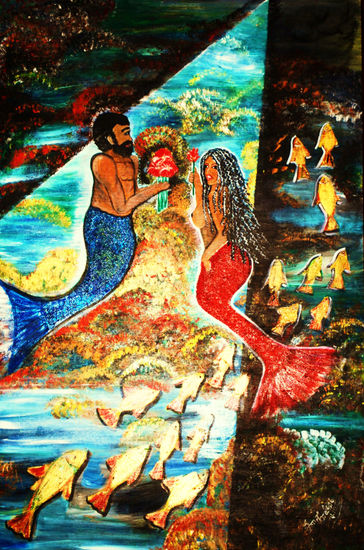 AMOR EN EL FONDO DEL MAR Oil Panel Marine Painting