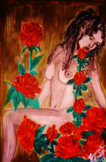 Atrapada entre las rosas Óleo Cartulina Desnudos