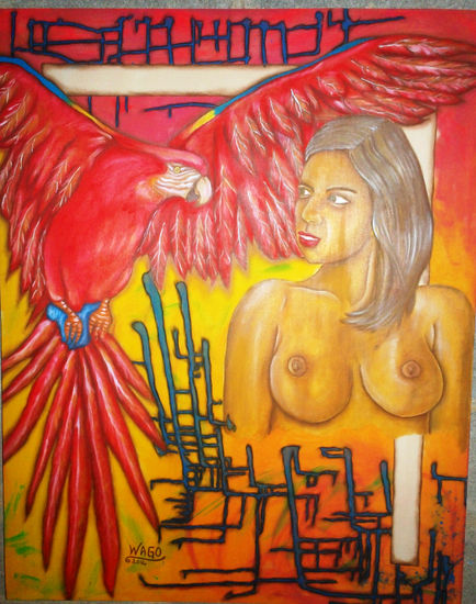 Dama y Guacamayo Mixed media Canvas Figure Painting