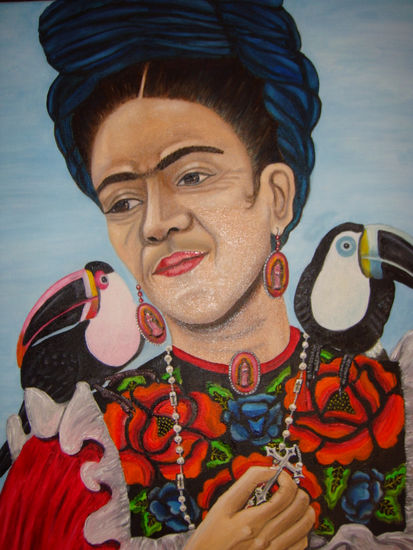 FRIDA Y SUS TUCANES Óleo Lienzo Retrato