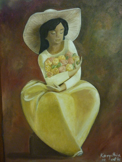 MUñequita y rosas Oil Canvas Figure Painting