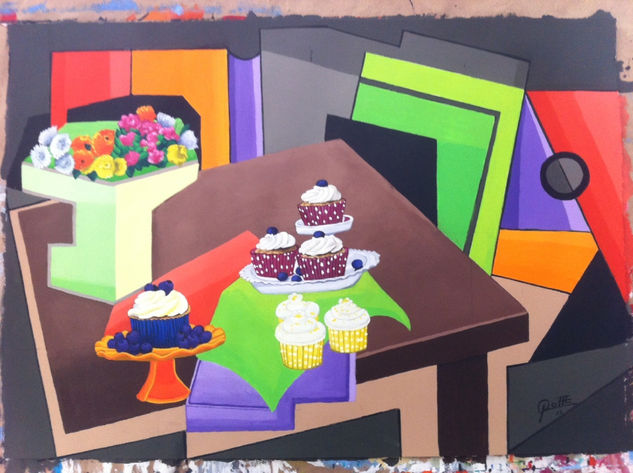 LEMON BLUE BERRY CUP CAKES Acrylic Paper Still Life Paintings