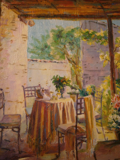 TERRAZA CON MESA CAMILLA. Óleo Lienzo Paisaje