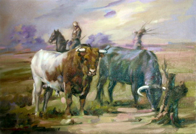 Los toros y el mayoral Oil Panel Animals