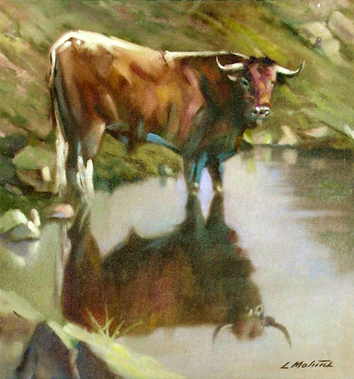 El toro y su reflejo Oil Panel Animals