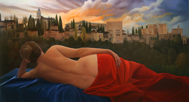 Atardecer en Alhambra. Óleo Tabla Desnudos