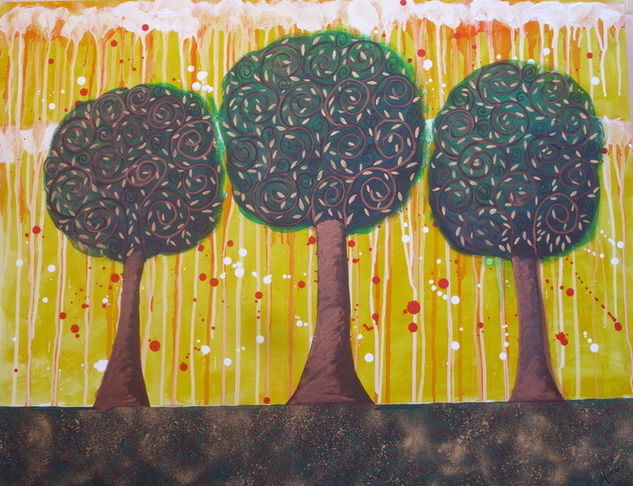 Three Trees Mixed media Panel Floral Painting