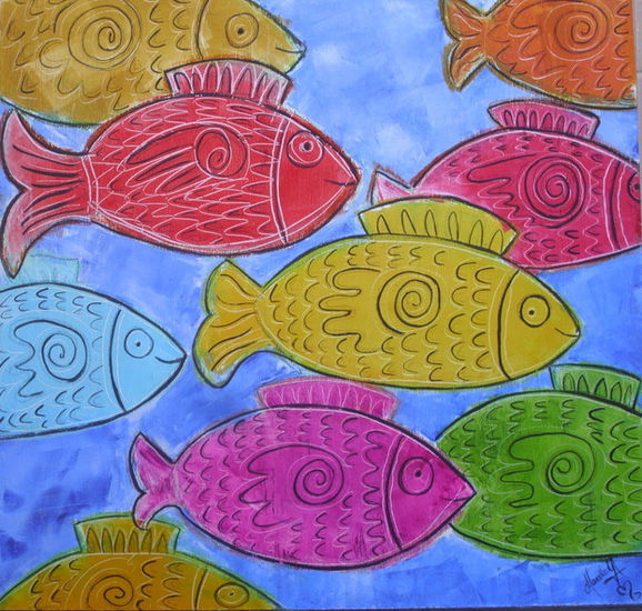 Peces de colores Mixed media Panel Animals