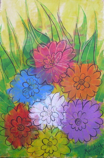 Flores con rodillo Mixed media Panel Floral Painting