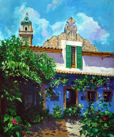 patio de Valldemossa con torre de Cartuja Oil Canvas Landscaping