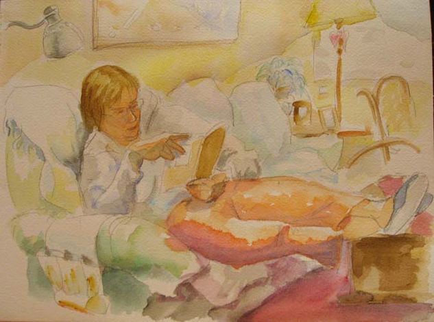 Leyendo a Valle-Inclán Watercolour Paper Figure Painting