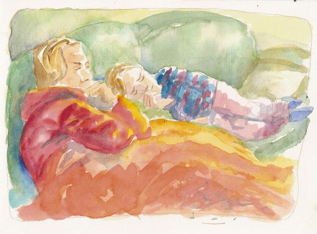 Madre e hija tragando tele Watercolour Paper Figure Painting