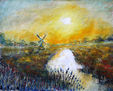 Original oil painting Beautiful Autumn sunrise over the river palette knife impressionism paintings.