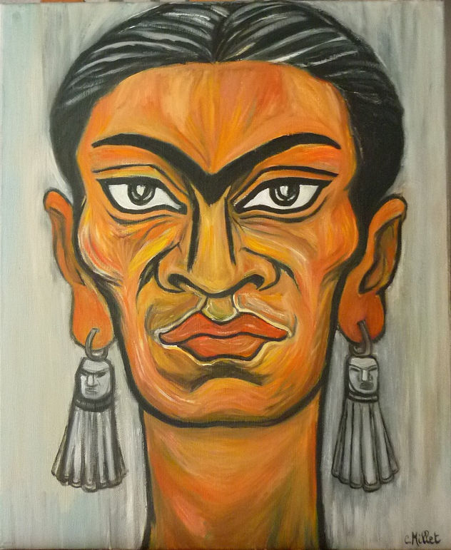 Retrato de Frida con aretes indigenas