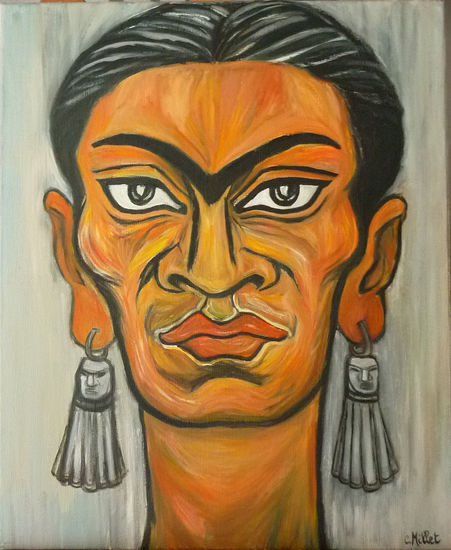 Retrato de Frida con aretes indigenas Óleo Lienzo Retrato