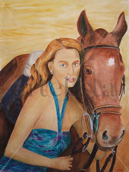 Mujer y caballo Acuarela Papel Retrato