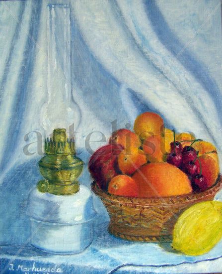 Bodegón de frutas y quinqué Oil Textile Still Life Paintings