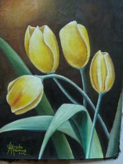 TULIPANES EN AMARILLO Oil Canvas Floral Painting