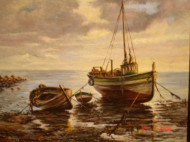 Barcas en marea baja Oil Panel Marine Painting