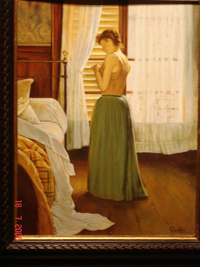 Interior con figura Oil Panel Figure Painting