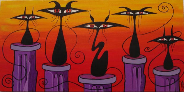 5 Gatos sobre cubo basura amanecer