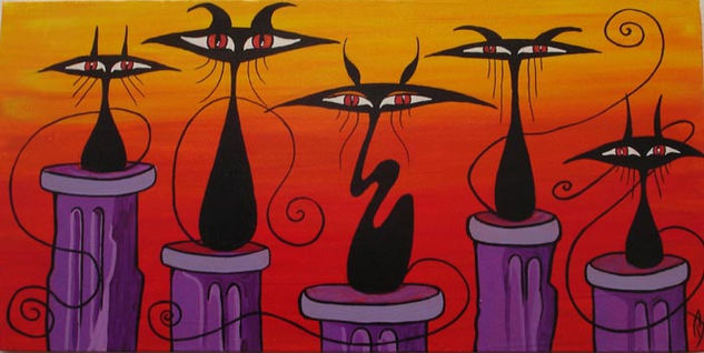 5 Gatos sobre cubo basura amanecer Oil Canvas Animals