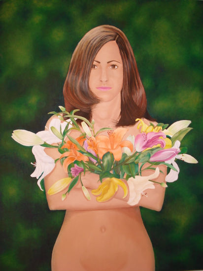 MUJER CON FLORES Óleo Lienzo Retrato