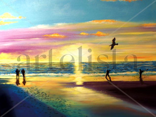 observando y jugando en la playa Acrylic Canvas Landscaping