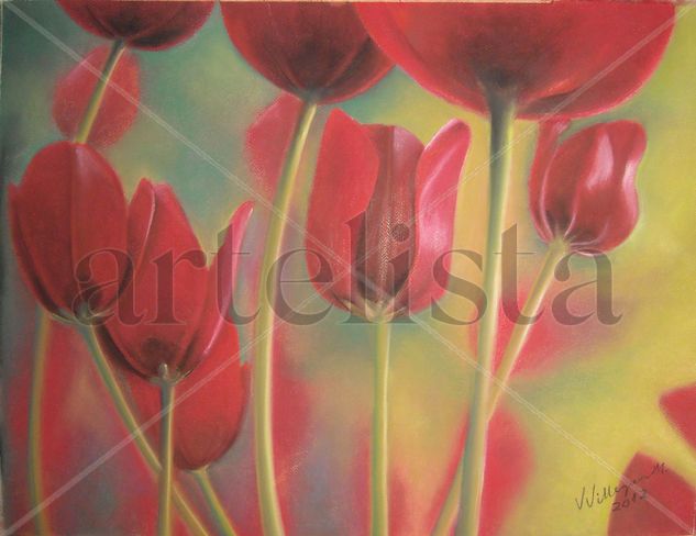 Tulipanes rojos Pastel Card Floral Painting