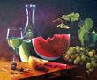 bodegon de vino, uvas y sandía