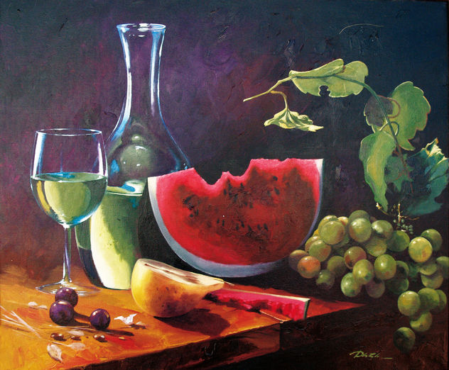 bodegon de vino, uvas y sandía