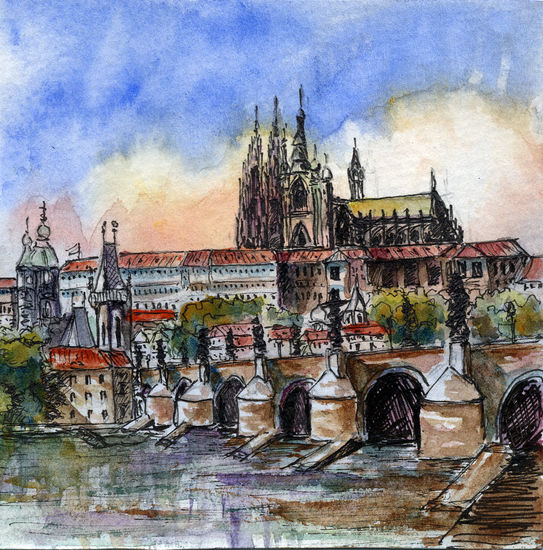 El puente de Carlos y la Catedral Acuarela Papel Paisaje